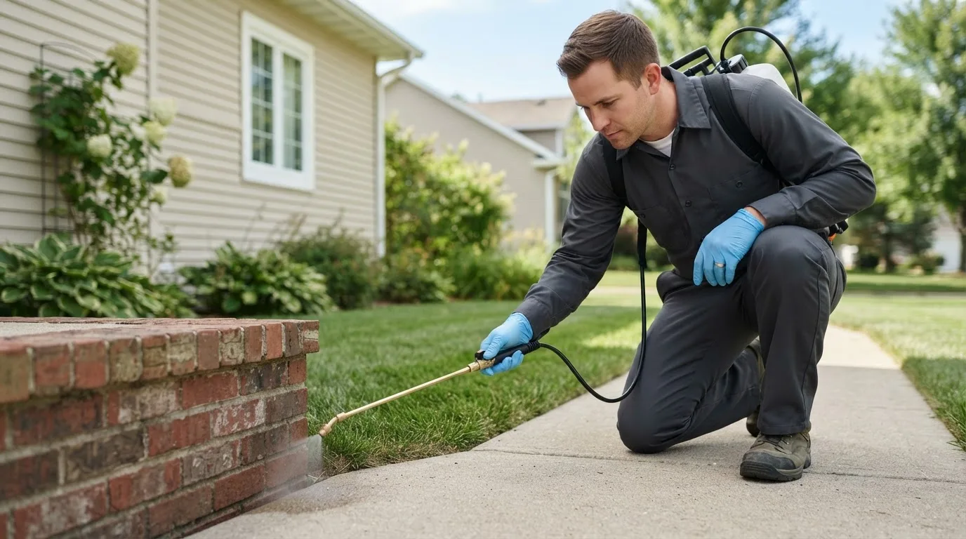 Pest control technician treating a home near Corunna, IN